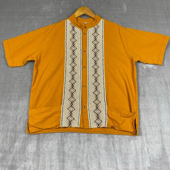 Vintage Guayabera Shirt Mens Size M/L Mustard Yellow Cotton Cabana Resort Boho